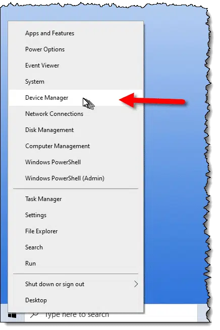Device Manager in the Windows right-click Start menu