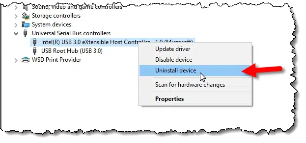Uninstall device in Device Manager