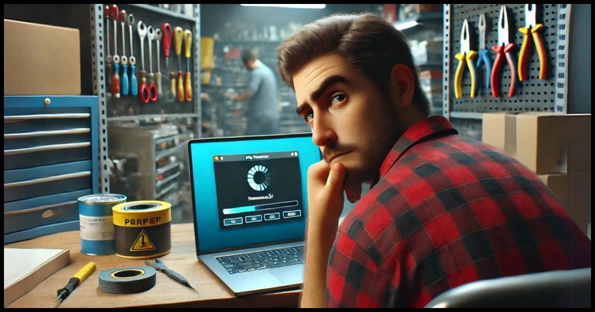 A computer technician in a busy computer repair shop, glancing over their shoulder with a suspicious expression. The laptop screen shows a progress bar for file transfer. The background includes tools and other computer tech equipment, emphasizing the repair setting.