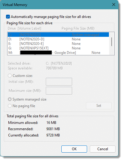 Virtual Memory Settings