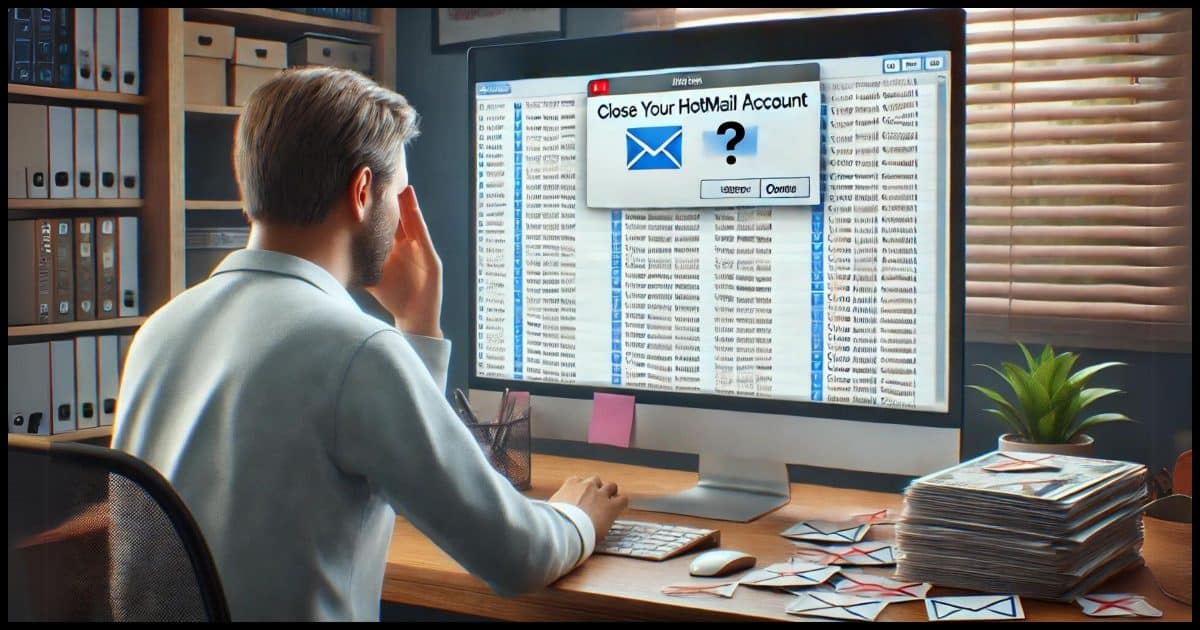A person sitting at a computer, looking stressed and frustrated while viewing a cluttered email inbox full of spam messages. On the screen, there is a prominent pop-up window with the message 'Close Your Hotmail Account' in bold.