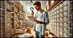 A bright, well-lit mail room with shelves filled with letters and packages. In the center, a person wearing a casual outfit is holding a letter up and examining it closely using a magnifying glass. The person has a focused expression, with the magnifying glass highlighting the details of the letter. The background includes various mailroom elements such as labeled boxes, a sorting table, and some open envelopes. The overall scene is modern and tidy, with a focus on the letter and the magnifying glass.