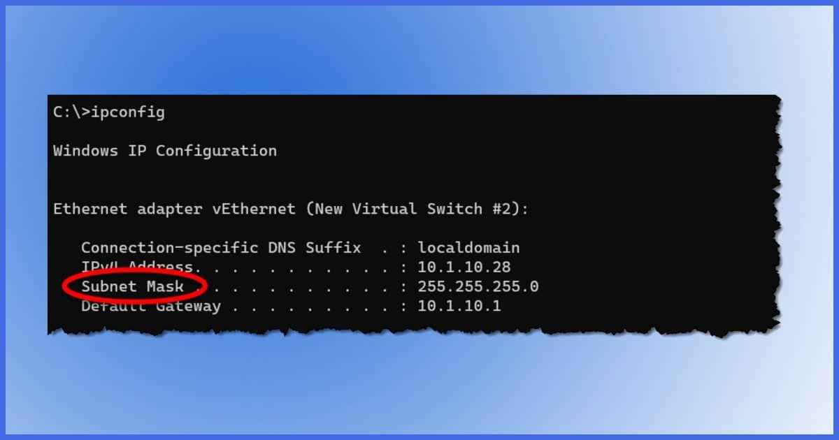 ipconfig output highlighting subnet mask