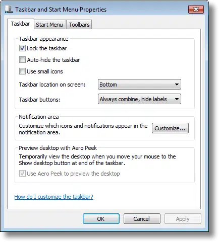 Taskbar Properties
