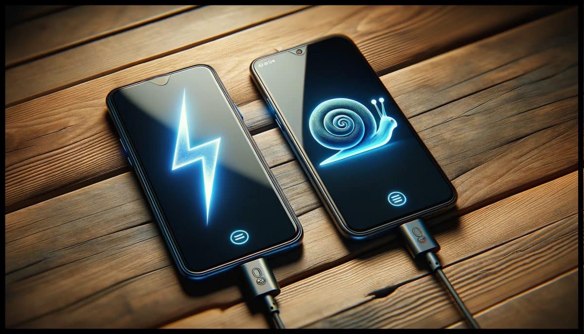 Photo of two modern smartphones side by side on a wooden table. The smartphone on the left displays a vivid lightning bolt icon on its screen, symbolizing fast charging. The smartphone on the right shows a detailed snail icon, representing slow charging. Both phones are connected to their respective chargers, with cables leading off the table.