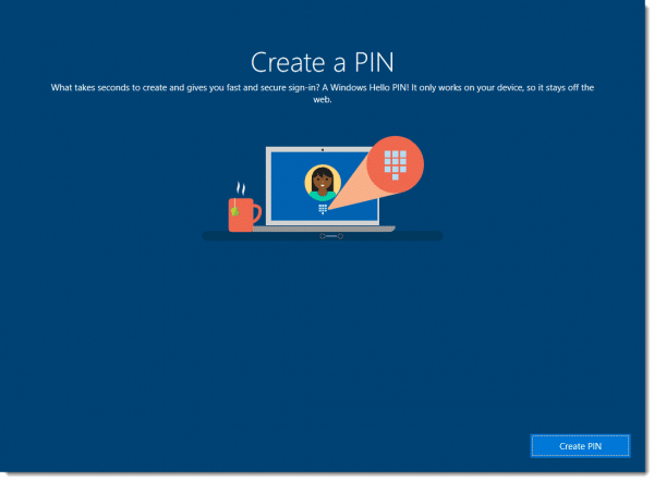 Creating a PIN in Windows 10 Setup.