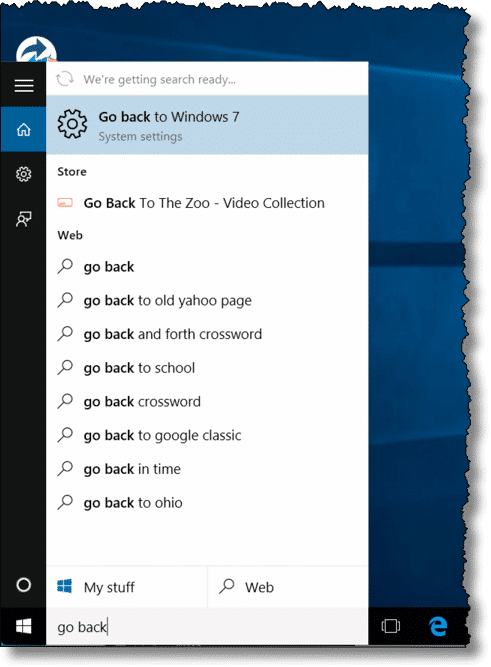 Windows 10 Search for Go Back