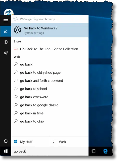 Windows 10 Search for Go Back
