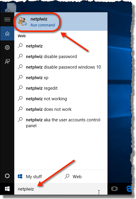 netplwiz in Windows Search