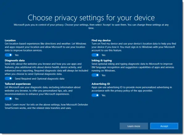 Windows 10 Setup Privacy settings.