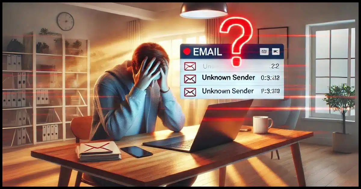 A person at a modern desk, looking frustrated while staring at a laptop. On the laptop screen, an email inbox is open with a highlighted message from an 'Unknown Sender' and a visible IP address, with a large red question mark overlayed on the screen. The background features a well-lit, modern home office with a window letting in natural light. The overall mood should convey the frustration and helplessness of dealing with harassing or abusive emails.