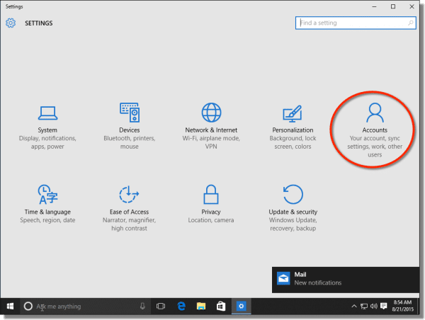 Windows 10 Settings Accounts Link