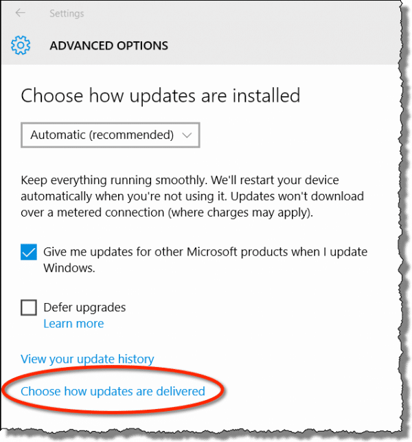 Windows 10 - Choose how updates are delivered