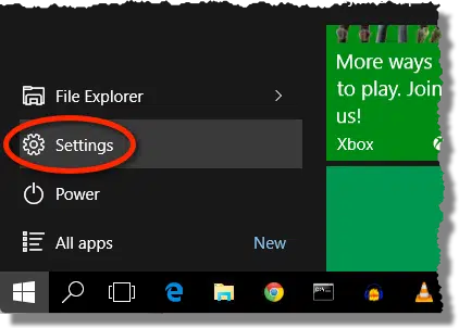 Windows 10 Start Menu Settings Item
