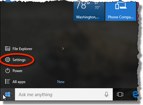 Windows 10 Start Menu Settings Link