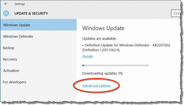 Windows 10 Update Advanced Options link
