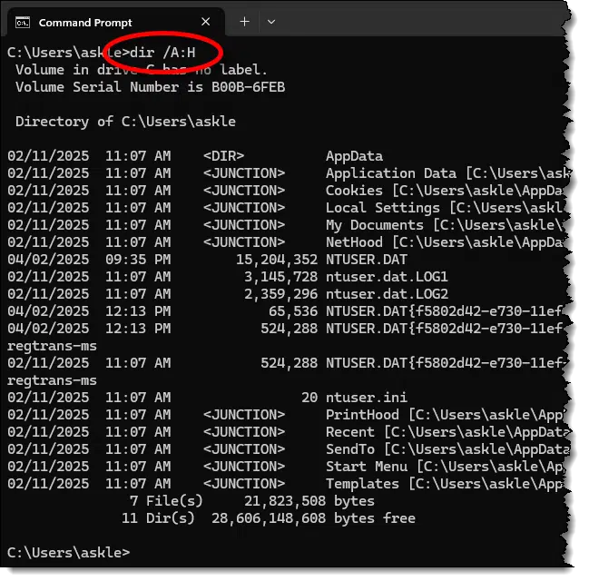 DIR /A:H in C:\Users\askle.