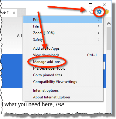 Manage add-ons on the IE gear menu