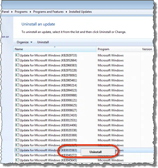 Uninstalling an Update