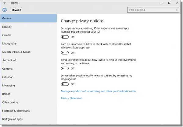 Windows 10 Change Privacy Options