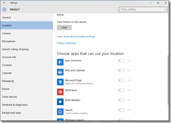 Windows 10 Additional Location Settings