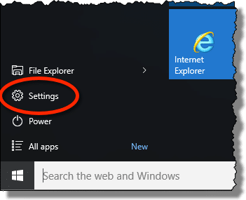 Windows 10 Settings start menu item