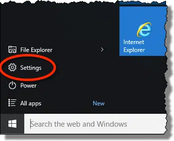 Windows 10 Settings start menu item