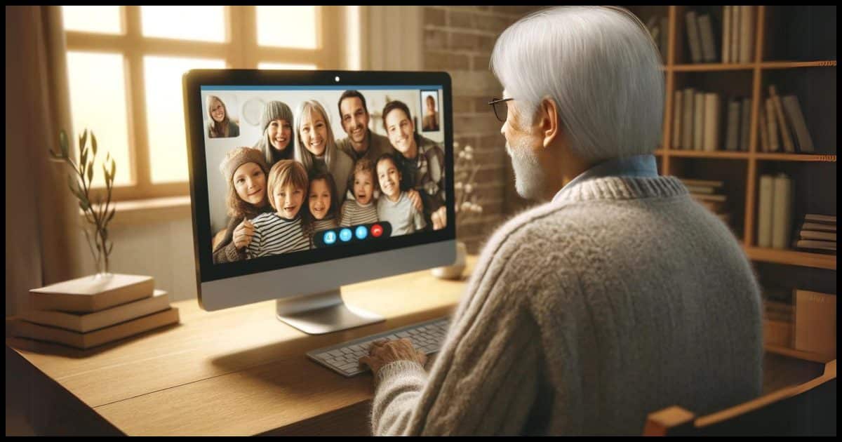 An over-the-shoulder view of a gray-haired elderly person using a computer. On the screen is a video call with several children ranging in age from 5 to 16, smiling and chatting with the person.