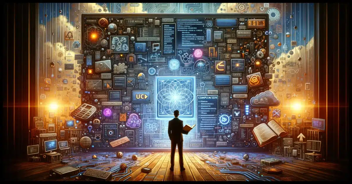A scene that metaphorically represents the challenge of learning the technical language of computers and technology, similar to learning a new spoken language. Imagine a person standing before a giant, glowing computer screen filled with complex technical diagrams, code, and jargon. The person looks intrigued but slightly overwhelmed, holding a dictionary of computer terms. In the background, diverse symbols and icons of technology, such as circuit boards, USB symbols, and cloud computing icons, float in the air, signifying the vastness of technology's language.