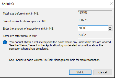 Shrinking the C: volume partially.