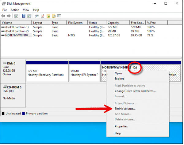 Shrink Volume option in Disk Manager.