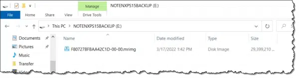 Macrium Reflect backup image in Windows File Explorer.