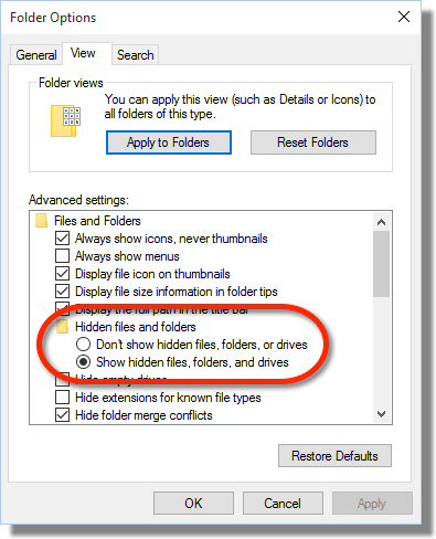 Show hidden files, folders and drives