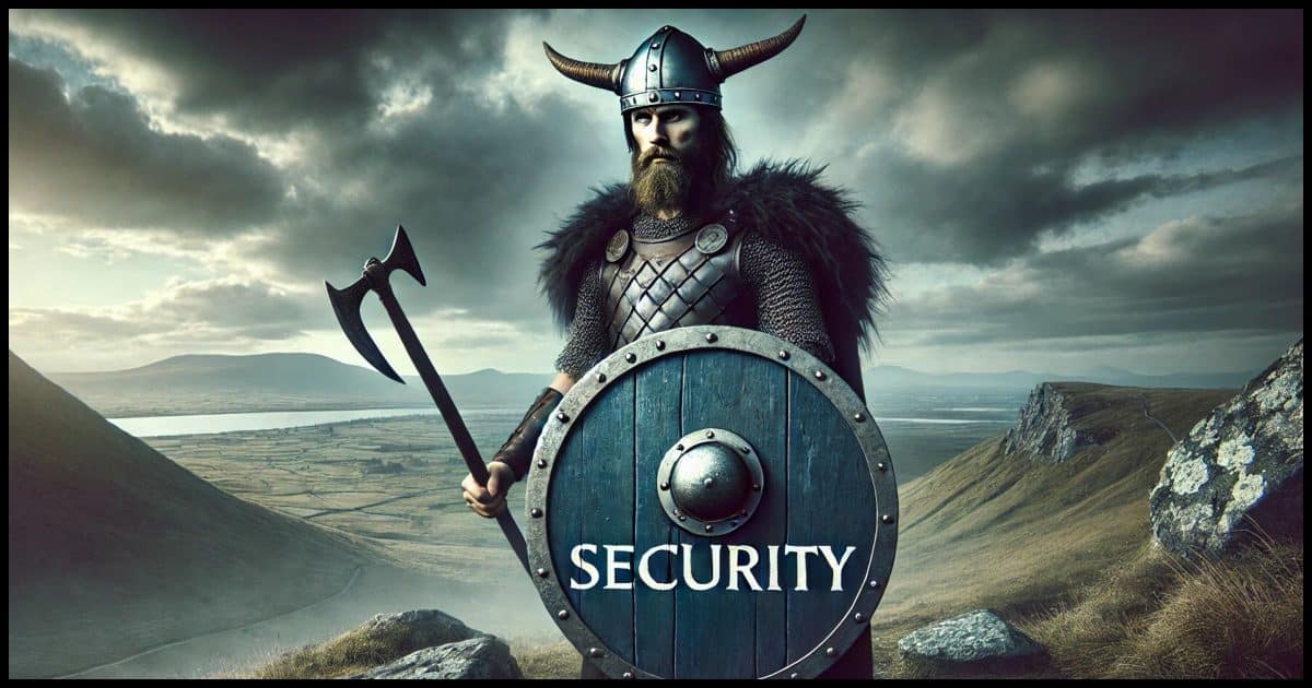 A Viking warrior standing in a rugged landscape, holding a large shield with the word 'Security' emblazoned on it. The Viking wears traditional armor with a helmet, displaying a powerful and determined expression. The background is a dramatic, cloudy sky, with the warrior prepared for battle, symbolizing the strength and vigilance of security.