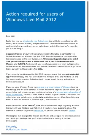 Outlook.com and Windows Live Mail 2012 message