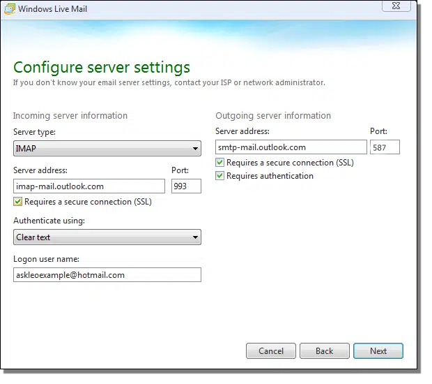 Windows Live Mail 2012 manual Outlook.com configuration
