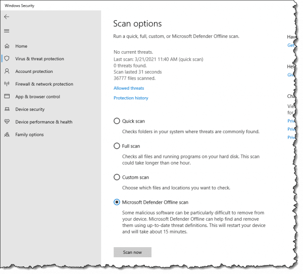 Scan options showing Microsoft Defender Offline scan