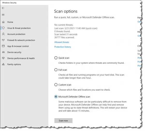 Scan options showing Microsoft Defender Offline scan