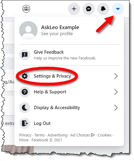Facebook Settings & Privacy link