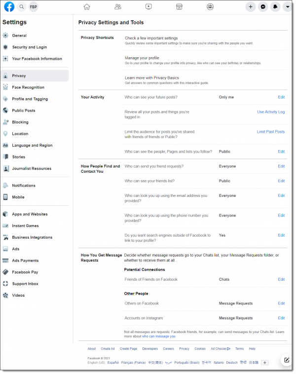 Facebook Privacy Settings and Tools