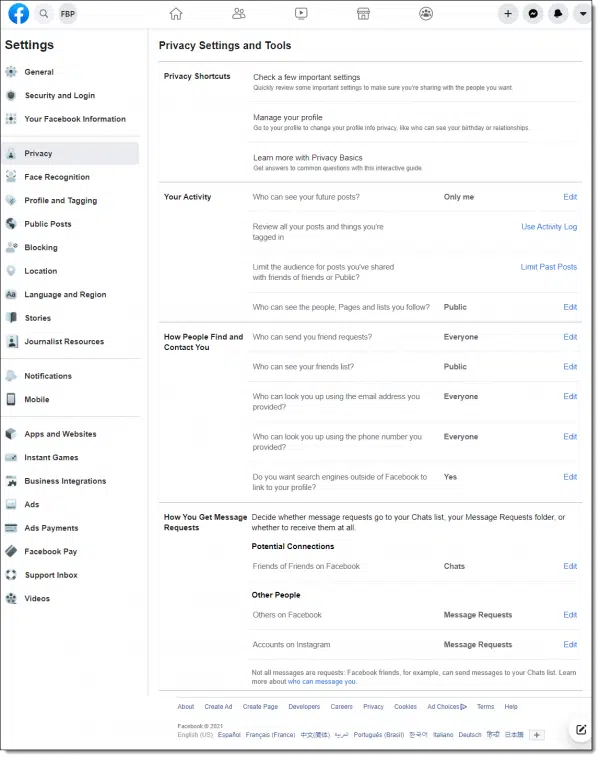 Facebook Privacy Settings and Tools