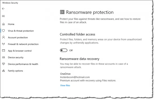Ransomware protection in Windows Defender in Windows 10