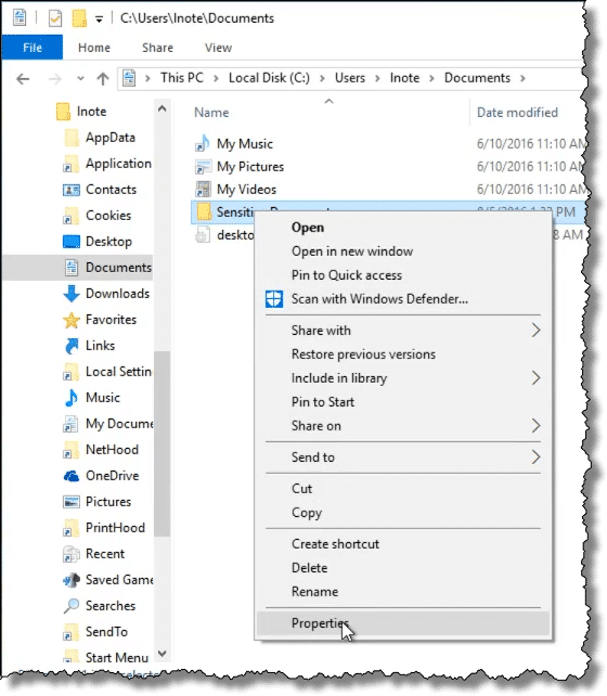 Properties item on a folder