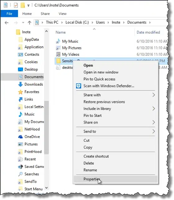 Properties item on a folder