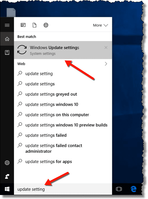 Searching for Windows Update settings