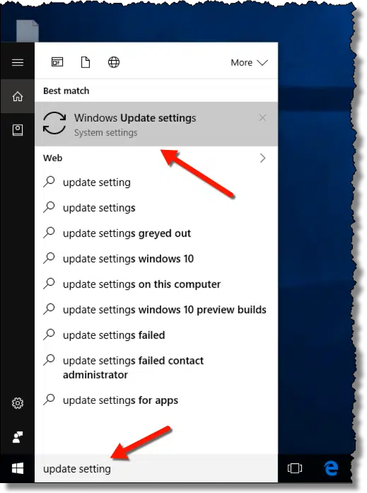 Searching for Windows Update settings