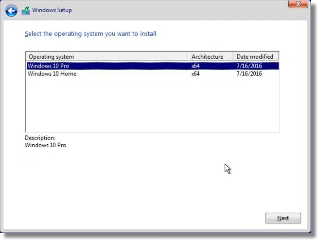 Windows Setup Edition Selection