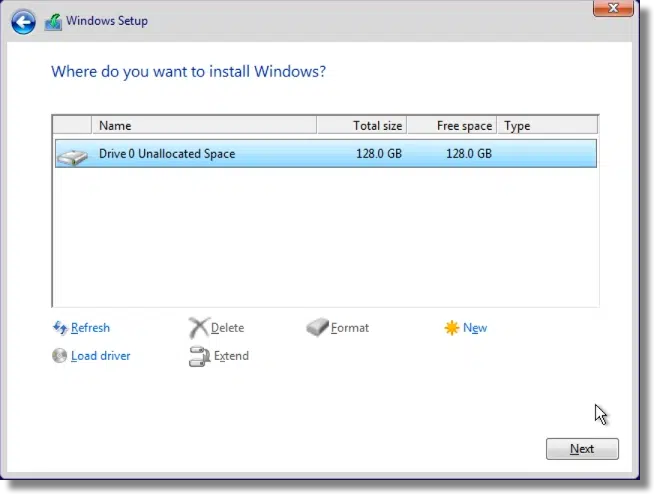 Windows Setup Unallocated Space Ready for Installation