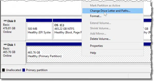 Change Drive Letter menu