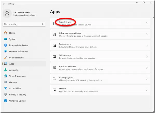 Installed Apps link